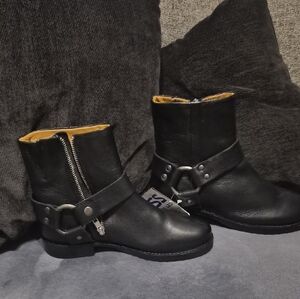 Frye Black Leather Harness Ankle Boots